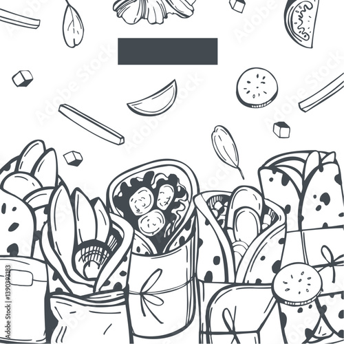 Shawarma, sandwich, gyro, fresh roll of lavash, doner kebab. Tortilla wrap with vegetables. Vector background. Sketch  illustration.  