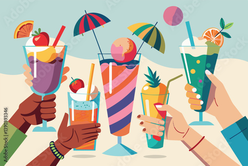 A group of friends raise their colorful cocktails in a cheers toast on a beach.