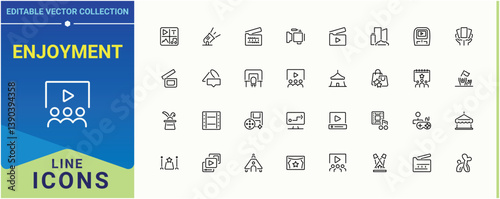 Enjoyment icon set in linear style. Containing vacation, event, festival, celebration, party and more. Entertainment icon pack. Expanded stroke icons. Editable vector.
