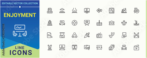 Enjoyment icon set in linear style. Containing vacation, event, festival, celebration, party and more. Entertainment icon pack. Expanded stroke icons. Editable vector.