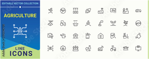 Agriculture related icon. Includes thin line symbols gardening, plant, organic, garden, agronomy, harvest and more. Farming simple icon set. Thin line icons set. Vector artwork and illustration.