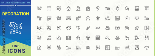 Decoration vector icon set. Containing art and design, furniture, architecture, house interior, desing, art. Collection of simple line web icons. Room simple icon. Editable vector.