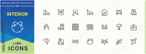 Interior related icon. Includes thin line symbols art, decor, furniture, room and more. Decoration vector line icon set. Thin outline icons pack. Art and illustration.