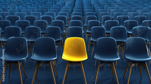 Dare to Be Different: The Bold Statement in Uniformity, One Yellow Chair in rows of blue chairs