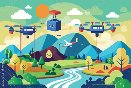 A colorful illustration depicting drones delivering packages over a picturesque landscape with mountains, a river, and trees.