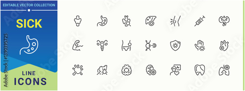 Sick icon set. Contains related to treatment, health care, allergy, health, pain and more. Disease line icon set. UI icons set in a thin style. Vector illustration in modern line style.