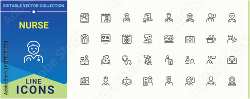 Nurse modern icon set. Related to clinic, treatment, medical, health, health care, medicine and more. Doctor icon collection. Outline icons collection. Editable vector illustration.