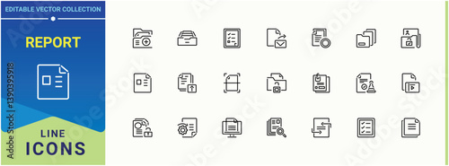 Report icon set. Contains such symbols as paper, document, text, data, file, list and more. Document And Files icon collection. Collection of simple line web icons.