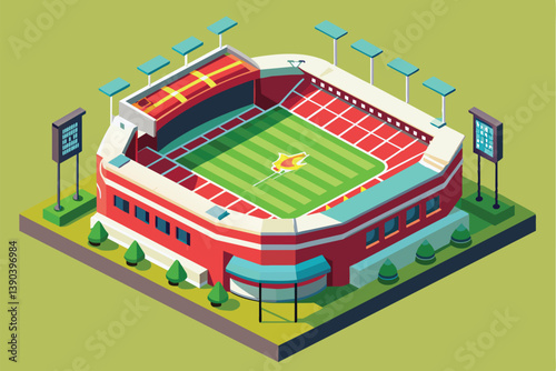 A colorful, isometric illustration of a modern football stadium, featuring a green field, red running track, and multiple floodlights.