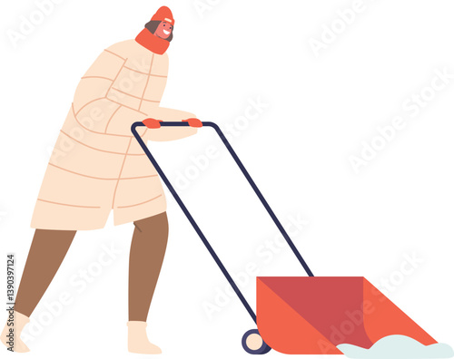 Woman using wheeled snow spade