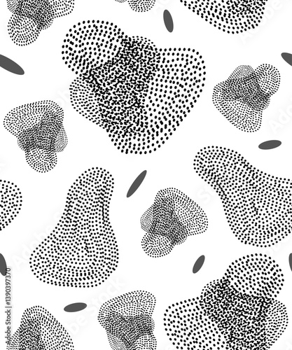 Abstract seamless background or pattern with geometric shapes, dots or spots, lines and strokes. Black and white colors. Vector.