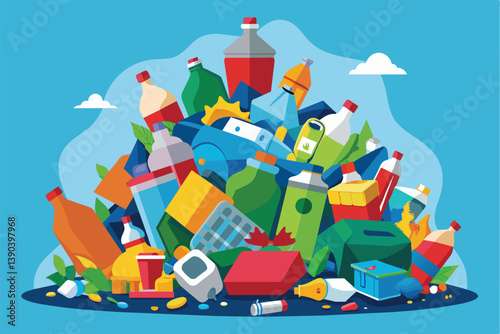 Colorful illustration of mixed plastic bottles on light blue background, varying in size, shape, and color to represent everyday products.