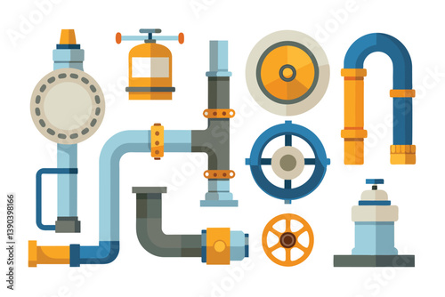 A flat design illustration of a set of industrial plumbing pipe system components, including valves, fittings, and pipes.