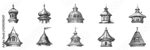 Vintage Architectural Roofs And Towers Illustration Set. Classic European And Russian Architectural Styles In Hand Drawn Sketch Style. Isolated Vector Illustration