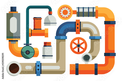 A flat-style illustration depicting an intricate network of industrial pipes, valves, and other plumbing components.