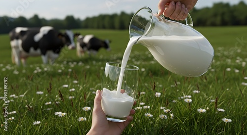 Milk cup pouring on a grass field, with cows grazing in the pasture. Shallow depth of field. Copy space on right.
