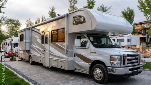 Gray recreational vehicle parked on a stone driveway near green trees and other campers during afternoon light