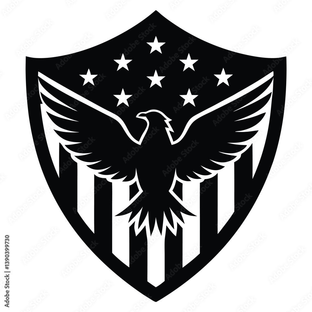 Fototapeta premium American Flag Shield with Soaring Bald Eagle Vector Silhouette