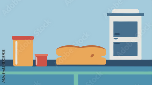 Empty Kitchen Counter A kitchen counter with a halfeaten loaf of bread and a few expired cans showing the lack of nutritious food and the need to stretch resources.