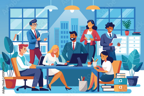 A diverse team of professionals work together in a modern office setting. They are all smiling and appear to be engaged in their work.