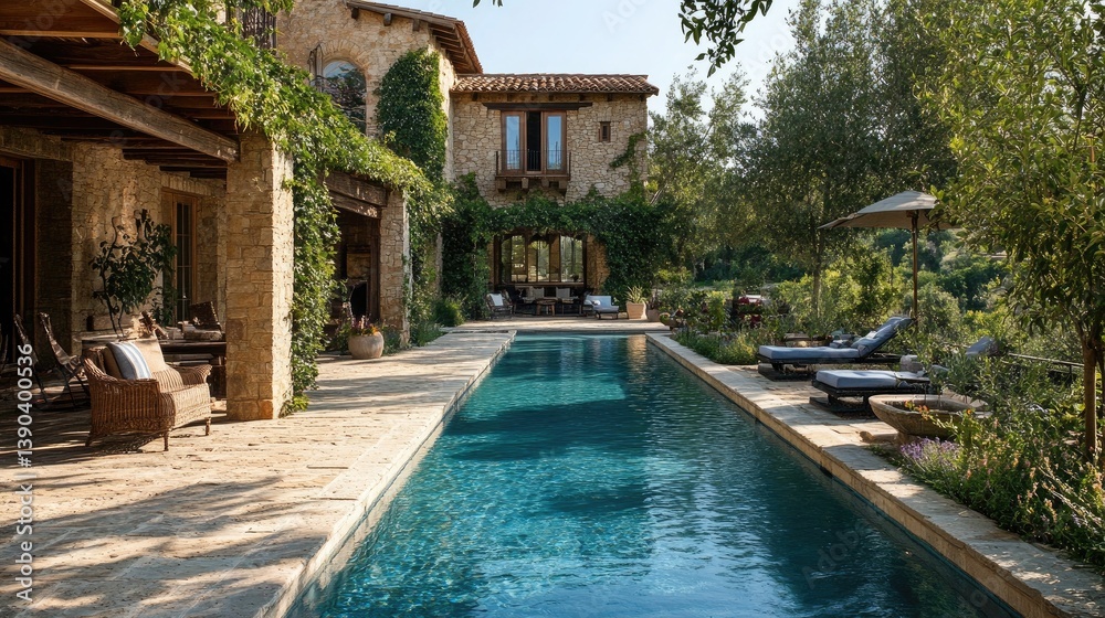 Fototapeta premium Tranquil countryside villa with serene pool and lush gardens surrounded by nature