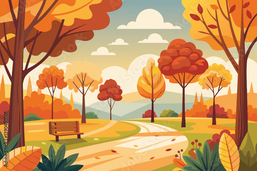 A scenic illustration of an autumn park scene with a winding path leading through colorful trees and a wooden bench.