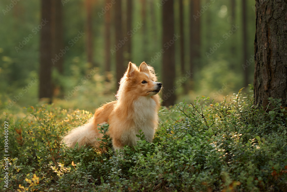 A Collie standing confidently in a green forest glade surrounded by dense foliage. The serene environment highlights the elegance and beauty of the dog. A Collie standing confidently in a green forest glade surrounded by dense foliage. The serene environment highlights the elegance and beauty of the dog.