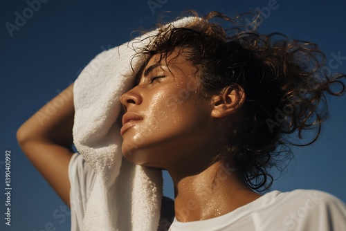 A woman with curly hair wipes sweat from her face with a white towel against a clear blue sky, concept for skincare, cosmetics, and health and wellness advertising