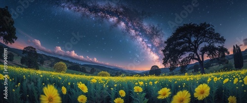 Starry Night Sky Over Yellow Flower Field with Milky Way Arching Above Trees in a Scenic Landscape photo