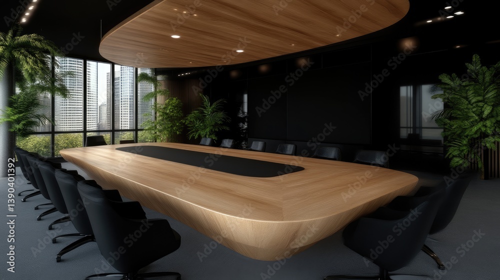 Obraz premium Modern conference room with long wooden table, black chairs, and plants. Large windows offer city views. Curved wooden ceiling design