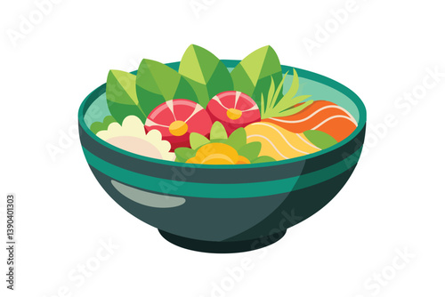 A cartoon illustration of a poke bowl with various ingredients such as salmon, tuna, greens, and other toppings.