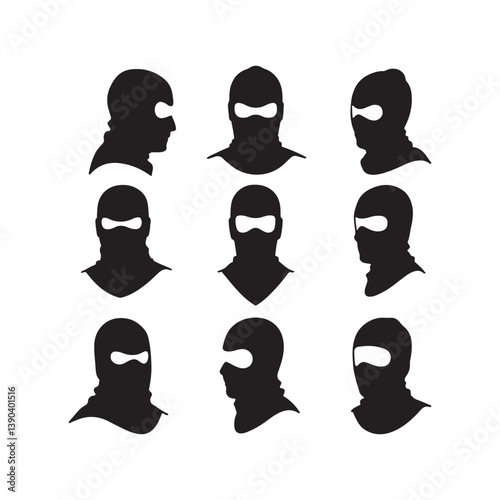 masked figures, silhouettes, black and white, minimalist design 