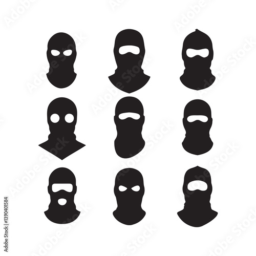 masked figures, silhouettes, black and white, minimalist design 