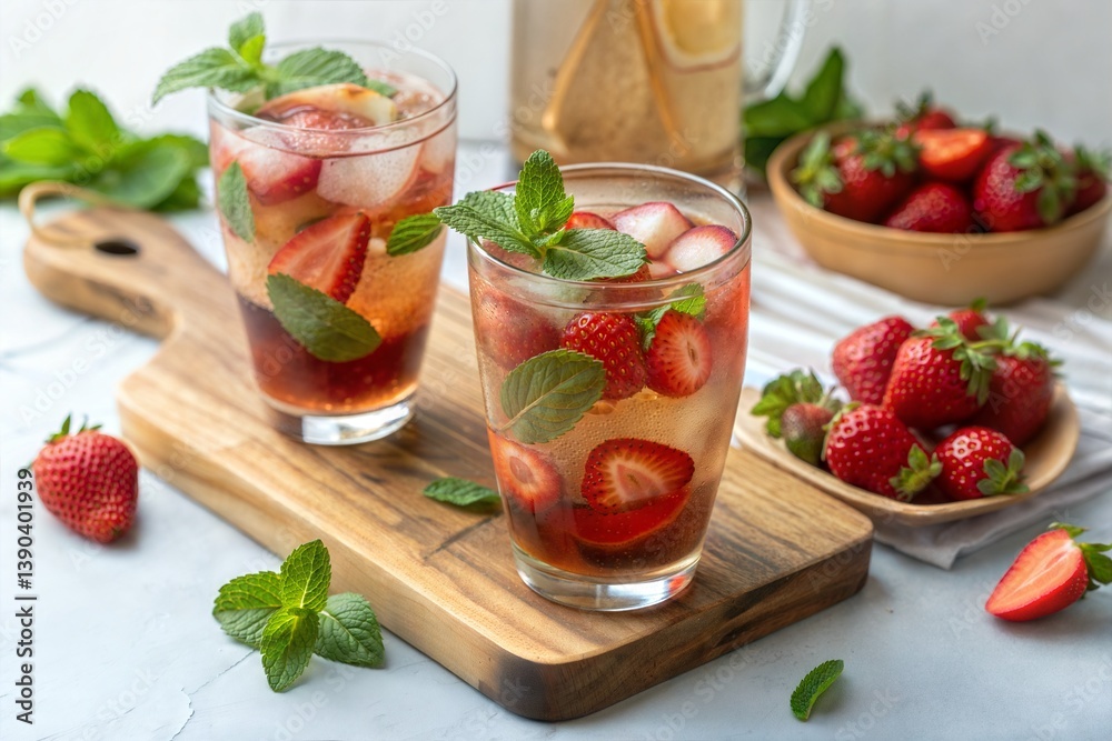 Refreshing iced tea with strawberries and mint in glasses on a wooden board against a light background. (Strawberry) Refreshing iced tea with strawberries and mint in glasses on a wooden board against a light background. (Strawberry)
