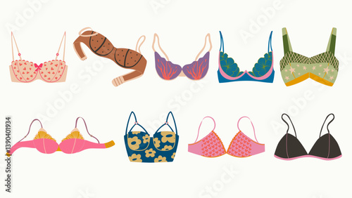 Set of bra, underwear for women. Fashion collection with various types of brassieres.