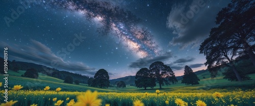 Starry Night Sky Over Yellow Flower Field with Milky Way Arching Above Trees in a Scenic Landscape. photo