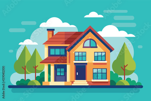 A cartoon illustration of a two-story house with a red roof, yellow walls, and green trees on a sunny day with clouds.