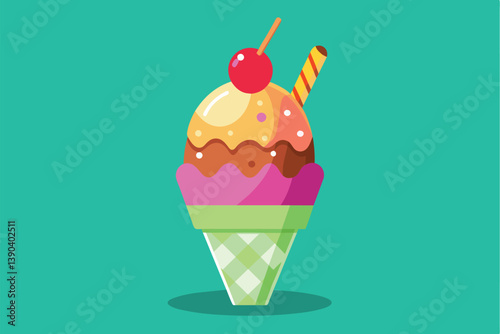 A colorful ice cream cone with three scoops of ice cream, a cherry on top, and a wafer stick.