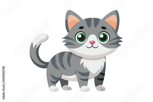 A cute cartoon cat with gray and white stripes, big green eyes, and a pink nose is standing on a white background. It has a white patch on its chest and tail.