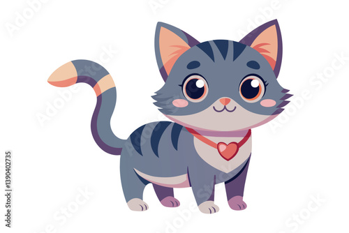 Illustration of a cute grey cat with white chest and stripes wearing a red collar with a heart pendant, standing and looking at the viewer.