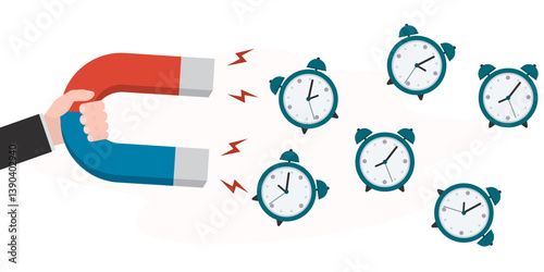 Effectiveness and productivity. Time management, control business time, work deadline concept, businessman hand uses magnet to attract watch or alarm clock. Need more time.