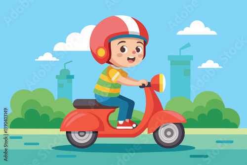 An illustration of a happy young boy riding a red scooter through a park. He is wearing a helmet and a striped shirt. In the background, there are trees, clouds, and a cityscape.
