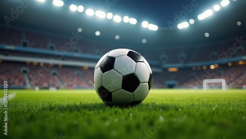 Soccer ball on lush green field in stadium with bright stadium lights
