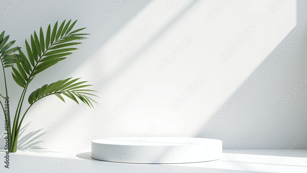 white empty podiums stand sunlight shadows single green palm leaf clean white background simple white empty podiums stand sunlight shadows single green palm leaf clean white background simple