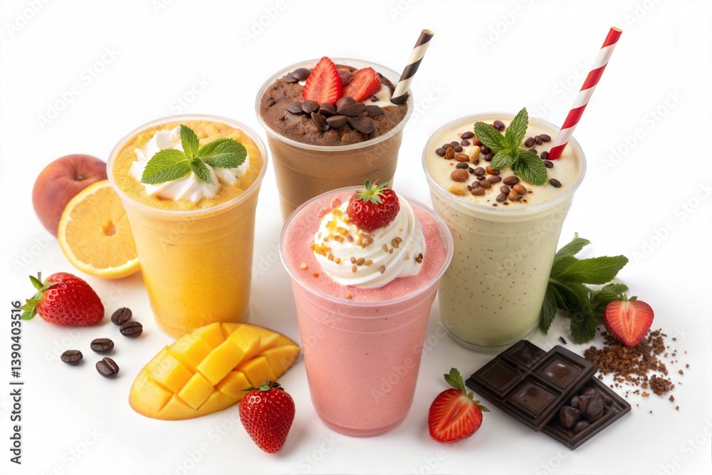 Set of fresh milkshakes or smoothies in different flavors, top view, isolated on a white background. (Strawberry) Set of fresh milkshakes or smoothies in different flavors, top view, isolated on a white background. (Strawberry)