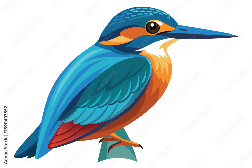 Fototapeta premium A vibrant illustration of a kingfisher perched on a branch, showcasing its bright blue, orange, and red plumage against a white background.
