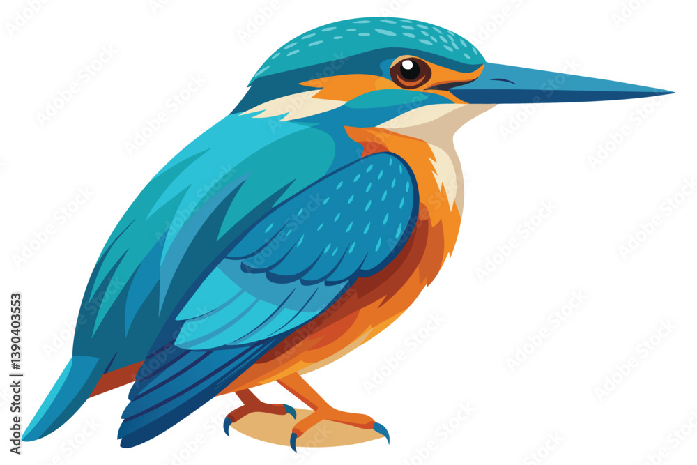 Fototapeta premium A colorful illustration of a kingfisher with blue and orange plumage perched on a branch.