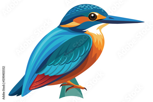 A vibrant illustration of a kingfisher perched on a branch, showcasing its bright blue, orange, and red plumage against a white background.