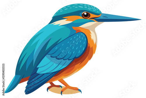A colorful illustration of a kingfisher with blue and orange plumage perched on a branch.