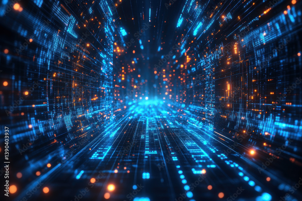Dark tunnel with glowing lights leading into abyss. Blue background intensifies mysterious atmosphere. Dark tunnel with glowing lights leading into abyss. Blue background intensifies mysterious atmosphere.